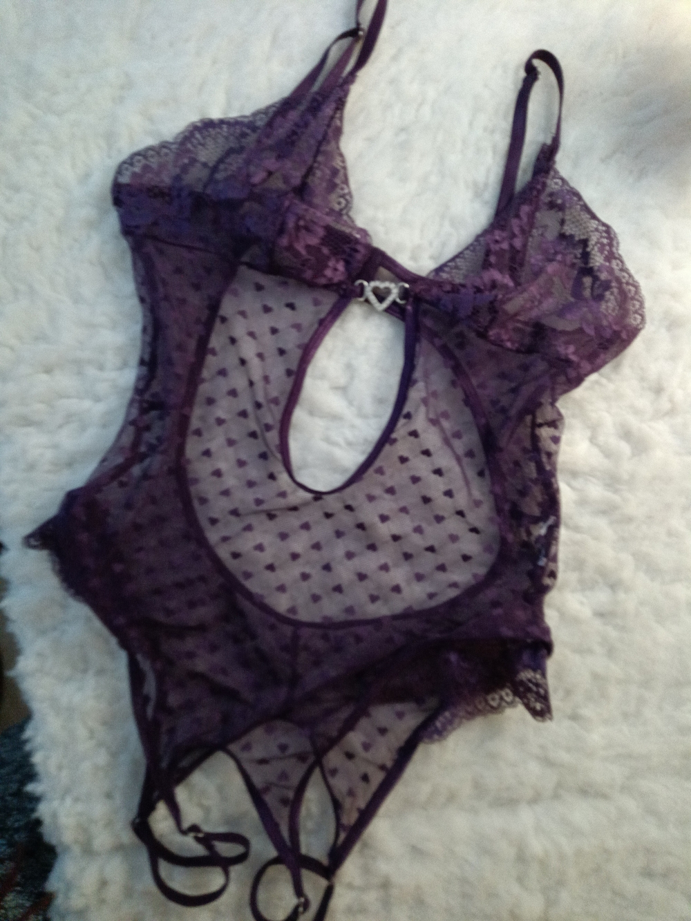 SHEIN Purple Lace Heart-Accent Sheer Teddy Bodysuit